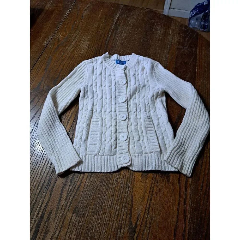 Girls Medium Childrens Place Cream Ivory Long Sleeve Button Cable Knit Sweater